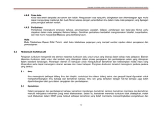 DOKUMEN STANDARD KURIKULUM DAN PENTAKSIRAN BAHASA MELAYU SEKOLAH KEBANGSAAN TAHUN 6
12
4.4.4 Kosa kata
Kosa kata terdiri daripada kata umum dan istilah. Penguasaan kosa kata perlu ditingkatkan dan dikembangkan agar murid
dapat mengungkap maklumat dan buah fikiran selaras dengan penambahan ilmu dalam mata-mata pelajaran yang dipelajari
pada peringkat sekolah rendah.
4.4.5 Peribahasa
Peribahasa merangkumi simpulan bahasa, perumpamaan, pepatah, bidalan, perbilangan dan kata-kata hikmat perlu
diajarkan dalam mata pelajaran Bahasa Melayu. Pemilihan peribahasa hendaklah mengutamakan falsafah, keperibadian,
dan nilai murni masyarakat Malaysia yang berbilang kaum.
Nota:
Buku Tatabahasa Dewan Edisi Terkini ialah buku tatabahasa pegangan yang menjadi sumber rujukan dalam pengajaran dan
pembelajaran.
5.0 PENGISIAN KURIKULUM
Pengisian kurikulum mengambil kira elemen merentas kurikulum iaitu unsur-unsur yang diserap dalam setiap mata pelajaran. Elemen
Merentas Kurikulum ialah unsur nilai tambah yang diterapkan dalam proses pengajaran dan pembelajaran selain yang ditetapkan
dalam standard kandungan. Penerapan elemen ini bertujuan untuk mengukuhkan kemahiran dan keterampilan modal insan yang
dihasratkan serta dapat menangani cabaran semasa dan masa hadapan. Pengisian kurikulum tersebut merangkumi perkara-perkara
yang berikut:
5.1 Ilmu
Ilmu merangkumi pelbagai bidang ilmu dan disiplin, contohnya ilmu dalam bidang sains, dan geografi dapat digunakan untuk
memperkembangkan ilmu bahasa dan kemahiran bahasa. Ilmu lain yang berkaitan dengan hal-hal semasa juga boleh
dipertimbangkan oleh guru dalam pengajaran dan pembelajaran.
5.2 Kemahiran
Dalam pengajaran dan pembelajaran bahasa, kemahiran mendengar, kemahiran bertutur, kemahiran membaca dan kemahiran
menulis merupakan kemahiran yang mesti dilaksanakan. Selain itu, kemahiran merentas kurikulum tidak diketepikan, malah
turut ditekankan dalam KSSR yang meliputi pelbagai kemahiran yang boleh membantu mempertingkatkan pengetahuan dan
 