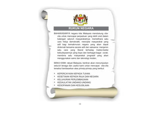 iii
RUKUN NEGARA
BAHAWASANYA negara kita Malaysia mendukung cita-
cita untuk mencapai perpaduan yang lebih erat dalam
kalangan seluruh masyarakatnya; memelihara satu
cara hidup demokratik; mencipta masyarakat yang
adil bagi kemakmuran negara yang akan dapat
dinikmati bersama secara adil dan saksama; menjamin
satu cara yang liberal terhadap tradisi-tradisi
kebudayaannya yang kaya dan berbagai-bagai corak;
membina satu masyarakat progresif yang akan
menggunakan sains dan teknologi moden;
MAKA KAMI, rakyat Malaysia, berikrar akan menumpukan
seluruh tenaga dan usaha kami untuk mencapai cita-cita
tersebut berdasarkan atas prinsip-prinsip yang berikut:
• KEPERCAYAAN KEPADA TUHAN
• KESETIAAN KEPADA RAJA DAN NEGARA
• KELUHURAN PERLEMBAGAAN
• KEDAULATAN UNDANG-UNDANG
• KESOPANAN DAN KESUSILAAN
 