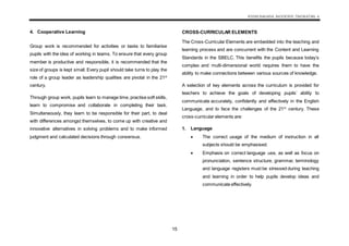 KSSM BAHASA INGGERIS TINGKATAN 4
15
4. Cooperative Learning
Group work is recommended for activities or tasks to familiarise
pupils with the idea of working in teams. To ensure that every group
member is productive and responsible, it is recommended that the
size of groups is kept small. Every pupil should take turns to play the
role of a group leader as leadership qualities are pivotal in the 21st
century.
Through group work, pupils learn to manage time, practise soft skills,
learn to compromise and collaborate in completing their task.
Simultaneously, they learn to be responsible for their part, to deal
with differences amongst themselves, to come up with creative and
innovative alternatives in solving problems and to make informed
judgment and calculated decisions through consensus.
CROSS-CURRICULAR ELEMENTS
The Cross-Curricular Elements are embedded into the teaching and
learning process and are concurrent with the Content and Learning
Standards in the SBELC. This benefits the pupils because today’s
complex and multi-dimensional world requires them to have the
ability to make connections between various sources of knowledge.
A selection of key elements across the curriculum is provided for
teachers to achieve the goals of developing pupils’ ability to
communicate accurately, confidently and effectively in the English
Language, and to face the challenges of the 21st
century. These
cross-curricular elements are:
1. Language
 The correct usage of the medium of instruction in all
subjects should be emphasised.
 Emphasis on correct language use, as well as focus on
pronunciation, sentence structure, grammar, terminology
and language registers must be stressed during teaching
and learning in order to help pupils develop ideas and
communicate effectively.
 