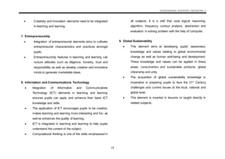 KSSM BAHASA INGGERIS TINGKATAN 4
17
 Creativity and innovation elements need to be integrated
in teaching and learning.
7. Entrepreneurship
 Integration of entrepreneurial elements aims to cultivate
entrepreneurial characteristics and practices amongst
pupils.
 Entrepreneurship features in teaching and learning can
nurture attitudes such as diligence, honesty, trust and
responsibility as well as develop creative and innovative
minds to generate marketable ideas.
8. Information and Communications Technology
 Integration of Information and Communications
Technology (ICT) elements in teaching and learning
ensures pupils can apply and enhance their basic ICT
knowledge and skills.
 The application of ICT encourages pupils to be creative,
makes teaching and learning more interesting and fun, as
well as enhances the quality of learning.
 ICT is integrated in teaching and learning to help pupils
understand the content of the subject.
 Computational thinking is one of the skills emphasised in
all subjects. It is a skill that uses logical reasoning,
algorithm, frequency, contour analysis, abstraction and
evaluation in solving problem with the help of computer.
9. Global Sustainability
 This element aims at developing pupils’ awareness,
knowledge and values relating to global environmental
change as well as human well-being and development.
These knowledge and values can be applied in these
areas; consumerism and sustainable products, global
citizenship and unity.
 The acquisition of global sustainability knowledge is
imperative in preparing pupils to face the 21st
Century
challenges and current issues at the local, national and
global level.
 This element is inserted in lessons or taught directly in
related subjects.
 