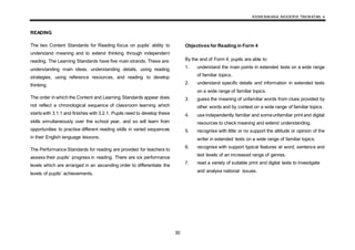 KSSM BAHASA INGGERIS TINGKATAN 4
30
READING
The two Content Standards for Reading focus on pupils’ ability to
understand meaning and to extend thinking through independent
reading. The Learning Standards have five main strands. These are:
understanding main ideas, understanding details, using reading
strategies, using reference resources, and reading to develop
thinking.
The order in which the Content and Learning Standards appear does
not reflect a chronological sequence of classroom learning which
starts with 3.1.1 and finishes with 3.2.1. Pupils need to develop these
skills simultaneously over the school year, and so will learn from
opportunities to practise different reading skills in varied sequences
in their English language lessons.
The Performance Standards for reading are provided for teachers to
assess their pupils’ progress in reading. There are six performance
levels which are arranged in an ascending order to differentiate the
levels of pupils’ achievements.
Objectives for Reading in Form 4
By the end of Form 4, pupils are able to:
1. understand the main points in extended texts on a wide range
of familiar topics.
2. understand specific details and information in extended texts
on a wide range of familiar topics.
3. guess the meaning of unfamiliar words from clues provided by
other words and by context on a wide range of familiar topics.
4. use independently familiar and someunfamiliar print and digital
resources to check meaning and extend understanding.
5. recognise with little or no support the attitude or opinion of the
writer in extended texts on a wide range of familiar topics.
6. recognise with support typical features at word, sentence and
text levels of an increased range of genres.
7. read a variety of suitable print and digital texts to investigate
and analyse national issues.
 