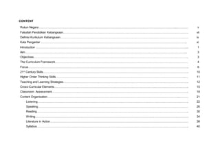 CONTENT
Rukun Negara ……………………………………………………………………………………………………………………………...………… v
Falsafah Pendidikan Kebangsaan…………………………………………………………………………………………………………………. vii
Definisi Kurikulum Kebangsaan………………………………………………………………………………….…………………………………. ix
Kata Pengantar …………………………………………………………………………………………………………………………………….. xi
Introduction …………………………………………………………………………………………………………………………………………... 1
Aim………………………………………………………………………………………………………………………………………………….... 3
Objectives…………………………………………………………………………………………………………………………………………….. 3
The Curriculum Framework………………………………………………………………………………………………………………………… 4
Focus………………………………………………………………………………………………………………………………………………….. 6
21st
Century Skills……………………………………………………………………………………………………………………………………. 10
Higher Order Thinking Skills……………………………………………………………………………………………………………………...… 11
Teaching and Learning Strategies…………………………………………………………………………………………………………………. 12
Cross-Curricular Elements………………………………………………………………………………………………………………………….. 15
Classroom Assessment…………………………………………………………………………………………………………………………….. 18
Content Organisation………………………………………………………………………………………………………………………...……… 21
Listening…………………………………………………………………………………………………………………………………………. 22
Speaking………………………………………………………………………………………………………………………………………… 26
Reading………………………………………………………………………………………………………………………………………….. 30
Writing……………………………………………………………………………………………………………………………………………. 34
Literature in Action……………………………………………………………………………………………………………………………… 38
Syllabus………………………………………………………………………………………………………………………………………….. 40
 