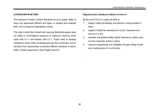 KSSM BAHASA INGGERIS TINGKATAN 4
38
LITERATURE IN ACTION
The Literature in Action Content Standards focus on pupils’ ability to
enjoy and appreciate different text types, to analyse and evaluate
texts, and to respond imaginatively to texts.
The order in which the Content and Learning Standards appear does
not reflect a chronological sequence of classroom learning which
starts with 5.1.1 and finishes with 5.3.1. Pupils need to develop
Literature in Action skills simultaneously over the school year, and so
will learn from opportunities to practise different Literature in Action
skills in varied sequences in their English lessons.
Objectives for Literature in Action in Form 4
By the end of Form 4, pupils are able to:
1. explain briefly the feelings and opinions a text provokes in
them.
2. explain in detail the development of plot, characters and
themes in a text.
3. evaluate and explain briefly stylistic features an author uses
to show character, events or place.
4. respond imaginatively and intelligibly through writing scripts
and creating props for a short play.
.
 