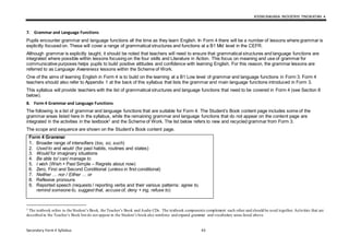 KSSM BAHASA INGGERIS TINGKATAN 4
Secondary Form 4 Syllabus 43
7. Grammar and Language Functions
Pupils encounter grammar and language functions all the time as they learn English. In Form 4 there will be a number of lessons where grammar is
explicitly focused on. These will cover a range of grammatical structures and functions at a B1 Mid level in the CEFR.
Although grammar is explicitly taught, it should be noted that teachers will need to ensure that grammatical structures and language functions are
integrated where possible within lessons focusing on the four skills and Literature in Action. This focus on meaning and use of grammar for
communicative purposes helps pupils to build positive attitudes and confidence with learning English. For this reason, the grammar lessons are
referred to as Language Awareness lessons within the Scheme of Work.
One of the aims of learning English in Form 4 is to build on the learning at a B1 Low level of grammar and language functions in Form 3. Form 4
teachers should also refer to Appendix 1 at the back of this syllabus that lists the grammar and main language functions introduced in Form 3.
This syllabus will provide teachers with the list of grammatical structures and language functions that need to be covered in Form 4 (see Section 8
below).
8. Form 4 Grammar and Language Functions
The following is a list of grammar and language functions that are suitable for Form 4. The Student’s Book content page includes some of the
grammar areas listed here in the syllabus, while the remaining grammar and language functions that do not appear on the content page are
integrated in the activities in the textbook3
and the Scheme of Work. The list below refers to new and recycled grammar from Form 3.
The scope and sequence are shown on the Student’s Book content page.
Form 4 Grammar
1. Broader range of intensifiers (too, so, such)
2. Used to and would (for past habits, routines and states)
3. Would for imaginary situations
4. Be able to/ can/ manage to
5. I wish (Wish + Past Simple – Regrets about now)
6. Zero, First and Second Conditional (unless in first conditional)
7. Neither … nor / Either … or
8. Reflexive pronouns
9. Reported speech (requests / reporting verbs and their various patterns: agree to,
remind someone to, suggest that, accuse of, deny + ing, refuse to)
3 The textbook refers to the Student’s Book, the Teacher’s Book and Audio CDs. The textbook components complement each other and should be used together.Activities that are
described in the Teacher’s Book but do not appear in the Student’s book also reinforce and expand grammar and vocabulary areas listed above.
 