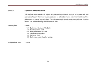KSSM SCIENCE FORM 1
72
Theme 5 Exploration of Earth and Space
The objective of this theme is to present an understanding about the structure of the Earth and how
geohazards happen. The impact of geohazards can be reduced on human and environment through the
development of science and technology. This theme also gives a better understanding on the formation
of fossil fuel, alternative energy resources and its uses.
Learning area: 9. Earth
9.1 System and structure of the Earth
9.2 Substance of the Earth
9.3 Main processes of the Earth
9.4 Geohazard phenomena
9.5 Age of the Earth
9.6 Earth resources and applied geology
Suggested T&L time: 13 hours
 
