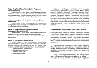 4
Aspek 2: Aplikasi Pengetahuan Dalam Pergerakan
(Domain Kognitif)
Melalui Aspek 2, murid dapat mengaplikasi pengetahuan
berkaitan konsep, prinsip, dan strategi pergerakan dalam
pembelajaran serta mengembangkan kemahiran motor dalam
melaksanakan aktiviti fizikal di dalam Modul Kemahiran.
Aspek 3: Kecergasan Meningkatkan Kesihatan (Domain
Psikomotor)
Melalui Aspek 3, murid berkeupayaan meningkatkan dan
mengekalkan tahap kecergasan untuk kesihatan dan prestasi
fizikal melalui Modul Kecergasan.
Aspek 4: Aplikasi Pengetahuan Meningkatkan
Kecergasan (Domain Kognitif)
Melalui Aspek 4, murid dapat mengaplikasi pengetahuan
berkaitan konsep, prinsip, dan strategi meningkatkan
kecergasan untuk kesihatan dan prestasi fizikal melalui Modul
Kecergasan.
Aspek 5: Kesukanan (Domain Afektif)
Melalui Aspek 5, murid berkeupayaan mengukuhkan
amalan Pendidikan Jasmani menerusi elemen keselamatan,
konsep sosiologi, dan psikologi, prinsip, dan strategi untuk
melakukan aktiviti fizikal dengan berkesan yang melibatkan:-
1. pengurusan dan keselamatan,
2. tanggungjawab kendiri,
3. interaksi sosial, dan
4. dinamika kumpulan.
Susunan kandungan kurikulum ini bertujuan
memudahkan pelaksanaan kurikulum. Setiap Modul dalam
dokumen Kurikulum Standard Pendidikan Jasmani Tahun
Enam yang hendak dicapai dinyatakan dalam lajur utama iaitu
Standard Kandungan, Standard Pembelajaran, dan Standard
Prestasi. Lajur Standard Kandungan mengandungi kandungan
yang perlu murid pelajari dalam satu tempoh masa, manakala
lajur Standard Pembelajaran menunjukkan apa yang murid
perlu kuasai dan capai. Lajur Standard Prestasi menunjukkan
tahap pencapaian murid menguasai modul-modul yang
dipelajari.
PELAKSANAAN PENGAJARAN DAN PEMBELAJARAN
Kandungan dalam Kurikulum Standard Pendidikan Jasmani
Tahun Enam adalah setara dengan pencapaian objektif
psikomotor, kognitif, dan afektif dalam pengajaran dan
pembelajaran Pendidikan Jasmani. Guru boleh memulakan
pengajaran dan pembelajaran dengan Modul Kemahiran atau
Modul Kecergasan tanpa terikat dengan susunan modul dalam
kurikulum ini.
Pengajaran dan pembelajaran Modul Akuatik Asas dan
Modul Rekreasi dan Kesenggangan merupakan pilihan di
sekolah. Bagi yang memilih akuatik asas, persekitaran sekolah
hendaklah mempunyai kemudahan kolam dan guru yang
berkelayakan.
Bagi tujuan pengajaran kemahiran, guru menggunakan
Modul Kemahiran yang terdiri daripada Aspek 1, Aspek 2,
dan Aspek 5 secara serentak Manakala untuk pengajaran
 