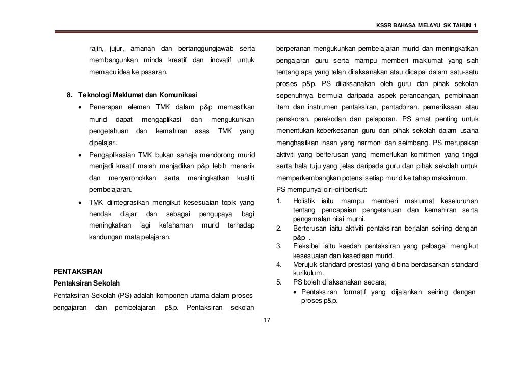 DSKP Bahasa Melayu KSSR Tahun 1 ( Semakan )