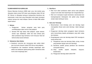 KSSR MATEMATIK TAHUN 2
20
ELEMEN MERENTAS KURIKULUM
Elemen Merentas Kurikulum (EMK) ialah unsur nilai tambah yang
diterapkan dalam proses PdP selain yang ditetapkan dalam SK dan
SP. Elemen ini diterapkan bertujuan mengukuhkan kemahiran dan
keterampilan modal insan yang dihasratkan serta dapat menangani
cabaran semasa dan masa hadapan. Elemen di dalam EMK adalah
seperti berikut:
1. Bahasa
 Penggunaan bahasa pengantar yang betul perlu
menititikberatkan dalam semua mata pelajaran.
 Semasa PdP bagi setiap mata pelajaran, aspek sebutan,
struktur ayat, tatabahasa, istilah dan laras bahasa perlu
diberi penekanan bagi membantu murid menyusun idea dan
berkomunikasi secara berkesan.
2. Kelestarian Alam Sekitar
 Kesedaran mencintai dan menyayangi alam sekitar dalam
jiwa murid perlu dipupuk melalui PdP semua mata pelajaran.
 Pengetahuan dan kesedaran terhadap kepentingan alam
sekitar dan kelestarian global penting dalam membentuk etika
murid untuk menghargai alam.
3. Nilai Murni
 Nilai murni diberi penekanan dalam semua mata pelajaran
supaya murid sedar akan kepentingan dan mengamalkannya.
 Nilai murni merangkumi aspek kerohanian, kemanusiaan dan
kewarganegaraan kebangsaan dan global yang menjadi
amalan dalam kehidupan harian.
4. Sains dan Teknologi
 Menambahkan minat terhadap sains dan teknologi dapat
meningkatkan literasi sains serta teknologi dalam kalangan
murid.
 Penggunaan teknologi dalam pengajaran dapat membantu
serta menyumbang kepada pembelajaran yang lebih cekap
dan berkesan.
 Pengintegrasian sains dan teknologi dalam PdP merangkumi
empat perkara iaitu:
(i) Pengetahuan sains dan teknologi (fakta, prinsip, konsep
yang berkaitan dengan sains dan teknologi).
(ii) Kemahiran saintifik (proses pemikiran dan kemahiran
manipulatif tertentu).
(iii) Sikap saintifik (seperti ketepatan, kejujuran,
keselamatan).
(iv) Penggunaan teknologi dalam aktiviti PdP.
 