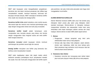 KSSR PENDIDIKAN JASMANI DAN KESIHATAN TAHUN 1
6
KBAT ialah keupayaan untuk mengaplikasikan pengetahuan,
kemahiran dan nilai dalam membuat penaakulan dan refleksi bagi
menyelesaikan masalah, membuat keputusan, berinovasi dan
berupaya mencipta sesuatu. KBAT merangkumi kemahiran berfikir
kritis, kreatif, dan menaakul dan strategi berfikir.
Kemahiran berfikir kritis adalah kebolehan untuk menilai sesuatu
idea secara logik dan rasional untuk membuat pertimbangan yang
wajar dengan menggunakan alasan dan bukti yang munasabah.
Kemahiran berfikir kreatif adalah kemampuan untuk
menghasilkan atau mencipta sesuatu yang baharu dan bernilai
dengan menggunakan daya imaginasi secara asli serta berfikir
tidak mengikut kelaziman.
Kemahiran menaakul adalah keupayaan individu membuat
pertimbangan dan penilaian secara logik dan rasional.
Strategi berfikir merupakan cara berfikir yang berstruktur dan
berfokus untuk menyelesaikan masalah.
KBAT boleh diaplikasikan dalam bilik darjah melalui aktiviti
berbentuk menaakul, pembelajaran inkuiri, penyelesaian masalah
dan projek. Guru dan murid perlu menggunakan alat berfikir seperti
peta pemikiran, dan peta minda serta penyoalan aras tinggi untuk
menggalakkan murid berfikir.
ELEMEN MERENTAS KURIKULUM
Elemen Merentas Kurikulum (EMK) ialah unsur nilai tambah yang
diterapkan dalam proses p&p selain yang ditetapkan dalam
standard kandungan. Elemen-elemen ini diterapkan bertujuan
mengukuhkan kemahiran dan keterampilan modal insan yang
dihasratkan serta dapat menangani cabaran semasa dan masa
hadapan. Elemen-elemen di dalam EMK adalah seperti berikut:
1. Bahasa
 Penggunaan bahasa pengantar yang betul perlu
dititikberatkan dalam semua mata pelajaran.
 Semasa p&p bagi setiap mata pelajaran, aspek sebutan,
struktur ayat, tatabahasa, istilah dan laras bahasa perlu
diberi penekanan bagi membantu murid menyusun idea dan
berkomunikasi secara berkesan.
2. Kelestarian Alam Sekitar
 Kesedaran mencintai dan menyayangi alam sekitar dalam
jiwa murid perlu dipupuk melalui p&p semua mata pelajaran.
 