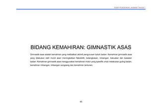 KSSR PENDIDIKAN JASMANI TAHUN 1
45
BIDANG KEMAHIRAN: GIMNASTIK ASAS
Gimnastik asas adalah kemahiran yang melibatkan aktiviti pengurusan tubuh badan. Kemahiran gimnastik asas
yang dilakukan oleh murid akan meningkatkan fleksibiliti, ketangkasan, imbangan, kekuatan dan kawalan
badan. Kemahiran gimnastik asas menggunakan kemahiran motor yang spesifik untuk melakukan guling badan,
kemahiran imbangan, imbangan songsang dan kemahiran lantunan.
 