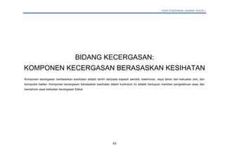 KSSR PENDIDIKAN JASMANI TAHUN 1
63
BIDANG KECERGASAN:
KOMPONEN KECERGASAN BERASASKAN KESIHATAN
Komponen kecergasan berdasarkan kesihatan adalah terdiri daripada kapasiti aerobik, kelenturan, daya tahan dan kekuatan otot, dan
komposisi badan. Komponen kecergasan berasaskan kesihatan dalam kurikulum ini adalah bertujuan memberi pengetahuan asas dan
kemahiran asas berkaitan kecergasan fizikal.
 