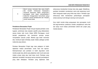 KSSM MPEI PERNIAGAAN TINGKATAN 4
17
6
Murid mampu mencipta idea yang kreatif
dan inovatif, mempunyai keupayaan
membuat keputusan dalam pengurusan
perniagaan serta dapat menyampaikan
maklumat menggunakan komunikasi yang
berkesan secara bertatasusila dan menjadi
contoh secara tekal.
Pentaksiran Berasaskan Projek
Pentaksiran Berasaskan Projek merujuk kepada penilaian untuk
tugasan, pembinaan atau siasatan spesifik yang dilaksanakan
secara teratur oleh murid. Dalam MPEI Perniagaan, murid
beroleh pengetahuan dan kemahiran semasa proses
menyediakan sesuatu projek. Mereka juga boleh meneroka
atau membuat kajian terhadap projek melalui pelbagai sumber
maklumat yang relevan.
Penilaian Berasaskan Projek bagi mata pelajaran ini boleh
dijalankan melalui pemerhatian, amali, lisan dan laporan.
Keempat-empat cara penilaian ini boleh digunakan untuk
menilai projek atau aktiviti yang dijalankan oleh murid sama ada
melalui proses kerja atau hasil kerja murid. Penilaian yang
dijalankan hendaklah mencakupi semua standard pembelajaran
yang telah ditetapkan. Penilaian yang dijalankan tidak
seharusnya menekankan konsep lulus atau gagal. Sebaliknya,
penilaian hendaklah menekankan sama ada seseorang murid
telah menguasai aspek yang dinilai atau belum. Penilaian juga
seharusnya tidak menekankan perbandingan pencapaian
antara seorang murid dengan seorang murid yang lain.
Guru boleh menilai tahap penguasaan dan pencapaian murid
dari segi kemahiran, perlakuan, amalan, pengetahuan, serta nilai
dan sikap murid melalui pemerhatian aktiviti dan projek yang
mereka lakukan.
 