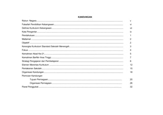 KANDUNGAN
Rukun Negara.................................................................................................................................................. v
Falsafah Pendidikan Kebangsaan..................................................................................................................... vi
Definisi Kurikulum Kebangsaan......................................................................................................................... vii
Kata Pengantar.................................................................................................................................................. ix
Pendahuluan...................................................................................................................................................... 1
Matlamat ........................................................................................................................................................... 2
Objektif .............................................................................................................................................................. 2
Kerangka Kurikulum Standard Sekolah Menengah........................................................................................... 3
Fokus ................................................................................................................................................................ 4
Kemahiran Abad Ke-21...................................................................................................................................... 5
Kemahiran Berfikir Aras Tinggi.......................................................................................................................... 7
Strategi Pengajaran dan Pembelajaran ............................................................................................................ 8
Elemen Merentas Kurikulum ............................................................................................................................. 12
Pentaksiran Sekolah.......................................................................................................................................... 15
Organisasi Kandungan...................................................................................................................................... 18
Perincian Kandungan
Tujuan Perniagaan............................................................................................................................. 20
Organisasi Perniagaan....................................................................................................................... 26
Panel Penggubal............................................................................................................................................. 32
 