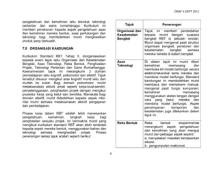 DRAF 9 SEPT 2013

pengetahuan dan kemahiran iaitu teknikal, teknologi
pertanian dan sains rumahtangga. Kurikulum ini
memberi penekanan kepada aspek pengetahuan asas
dan kemahiran mereka bentuk, asas pertukangan dan
teknologi bagi membolehkan murid menghasilkan
produk yang berkualiti.

Tajuk

Penerangan

Organisasi dan
Keselamatan
Bengkel

Tajuk ini memberi pendedahan
kepada murid dengan suasana
bengkel RBT di sekolah rendah.
Murid dapat mengenal pasti struktur
organisasi bengkel, peraturan dan
keselamatan
bengkel
semasa
mereka berada di dalam bengkel.

Asas
Teknologi

Di dalam tajuk ini murid diberi
kemahiran
memasang
dan
membuka kit model berfungsi secara
elektromekanikal serta mereka dan
membina model berfungsi. Standard
kandungan ini membolehkan murid
membaca dan memahami manual,
mengenal pasti fungsi komponen,
kemahiran
memasang
menggunakan alatan tangan dengan
cara yang betul, mereka dan
membina model berfungsi. Aspek
penyimpanan
komponen
dan
keselamatan juga ditekankan dalam
tajuk ini.

Reka Bentuk

Reka
bentuk
eksperimental
merangkumi aspek pengetahuan
dan kemahiran yang akan menguji
murid dari pelbagai aspek seperti:
a. menyatakan masalah berdasarkan
situasi.
b. pengumpulan maklumat.

7.0 ORGANISASI KANDUNGAN
Kurikulum Standard RBT Tahap II, diorganisasikan
kepada enam tajuk iaitu Organisasi dan Keselamatan
Bengkel, Asas Teknologi, Reka Bentuk, Penghasilan
Projek, Teknologi Pertanian dan Sains Rumahtangga.
Keenam-enam tajuk ini merangkumi 3 domain
pembelajaran iaitu kognitif, psikomotor dan afektif. Tajuk
tersebut disusun mengikut aras kognitif murid iaitu dari
mudah ke sukar. Bagi domain psikomotor, murid
melaksanakan aktiviti amali seperti kerja-buat-sendiri,
penyelenggaraan, penghasilan projek dengan mengikut
prosedur kerja yang betul dan beretika. Manakala bagi
domain afektif, murid didedahkan kepada aspek nilainilai murni semasa melaksanakan aktiviti pengajaran
dan pembelajaran.
Proses kerja dalam RBT adalah lebih menekankan
pengetahuan,
kemahiran,
langkah
kerja
bagi
penghasilan sesuatu projek. Ini bermakna murid yang
mengikuti kurikulum standard RBT akan lebih terdedah
kepada aspek mereka bentuk, menggunakan bahan dan
teknologi
semasa
menghasilan
projek. Proses
penerangan setiap tajuk adalah seperti berikut:

4

 