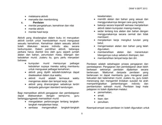 DRAF 9 SEPT 2013

•
•
c.
•
•
•

melaksana aktiviti
menyelia dan membimbing
Penilaian
menilai pengetahuan, kemahiran dan nilai
menilai aktiviti
menilai hasil kerja

•
•
•

Aktiviti yang dicadangkan dalam buku ini merupakan
aktiviti contoh untuk membolehkan murid menguasai
sesuatu kemahiran. Kemahiran dalam sesuatu aktiviti
boleh dilakukan secara individu atau secara
berkumpulan. Dalam pemilihan aktiviti, beberapa
perkara harus diambil kira oleh guru seperti jumlah
alatan dan bahan, peruntukan masa, bilangan dan
kebolehan murid. Justeru itu, guru perlu menyedari
bahawa:
• kumpulan
murid
mempunyai
pelbagai
kebolehan supaya mereka saling membantu
untuk menguasai pelbagai kemahiran;
• aktiviti yang dipilih seboleh-bolehnya dapat
diselesaikan dalam dua waktu;
• aktiviti murid adalah termasuk waktu
mengemas alatan dan tempat kerja; dan
• aktiviti yang dirancangkan sebaiknya terdiri
daripada gabungan standard kandungan.

•
•
•
•

keselamatan;
memilih alatan dan bahan yang sesuai dan
menggunakannya dengan cara yang betul;
bekerja secara koperatif semasa menjalankan
aktiviti dalam kumpulan masing-masing;
sedar tentang kos alatan dan bahan dengan
menggunakannya secara cermat dan tidak
membazir;
menjalankan kerja mengikut turutan yang
betul;
mengemaskan alatan dan bahan yang telah
digunakan;
membersihkan alatan dan menentukan
bilangannya cukup sebelum disimpan; dan
membersihkan tempat kerja dan diri.

Penilaian adalah sebahagian proses pengajaran dan
pembelajaran. Pengajaran dan pembelajaran akan lebih
berkesan sekiranya penilaian dijalankan secara
berterusan. Maklumat daripada penilaian yang
berterusan ini dapat membantu guru mengenal pasti
kekuatan dan kelemahan murid. Justeru itu, guru boleh
merancang dan mengambil tindakan susulan ke arah
mempertingkatkan
perkembangan
individu
dan
pembentukan sahsiah murid. Penilaian bagi mata
pelajaran ini boleh dijalankan melalui:
• pemerhatian;
• amali;
• lisan; dan
• penulisan.

Bagi memastikan aktiviti pengajaran dan pembelajaran
dapat
dilaksanakan
dengan
sempurna,
guru
bertanggungjawab memastikan murid:
• mengadakan perbincangan tentang langkahlangkah menjalankan kerja;
• sentiasa
mengamalkan
langkah-langkah

Keempat-empat cara penilaian ini boleh digunakan untuk
8

 