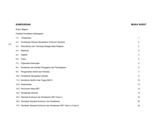 KANDUNGAN

MUKA SURAT

Rukun Negara
Falsafah Pendidikan Kebangsaan
1.0

Pengenalan

1

2.0

Pendekatan Modular Berasaskan Kurikulum Standard

2

3.0

Reka Bentuk dan Teknologi Sebagai Mata Pelajaran

2

4.0

Matlamat

3

5.0

Objektif

3

6.0

Fokus

3

7.0

Organisasi Kandungan

4

8.0

Penekanan dan Kaedah Pengajaran dan Pembelajaran

5

9.0

Pengendalian Aktiviti dan Penilaian

7

2.0

10.0 Pentaksiran Berasaskan Sekolah

9

11.0 Kemahiran Berfikir Aras Tinggi (KBAT)

12

12.0 Keselamatan

13

13.0 Peruntukan Masa RBT

13

14.0 Pendekatan Modular

13

15.0 Standard Kurikulum dan Pentaksiran RBT Tahun 4

15

16.0 Pemetaan Standard Kurikulum dan Pentaksiran

22

17.0 Pemetaan Standard Kurikulum dan Pentaksiran RBT Tahun 4, 5 dan 6

23

 
