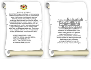 RUKUN NEGARA
BAHAWASANYA negara kita Malaysia mendukung cita-cita
untuk mencapai perpaduan yang lebih erat dalam kalangan
seluruh masyarakatnya; memelihara satu cara hidup
demokratik; mencipta masyarakat yang adil bagi RUKUN NEGARA
Pendidikan di Malaysia adalah suatu usaha
kemakmuran negara yang akan dapat dinikmati bersama
berterusan ke arah lebih memperkembangkan
secara adil dan saksama; menjamin satu cara yang liberal
Bahawasanyanegara kita Malaysia mendukung cita-cita hendak mencapai perpaduan yang lebih erat
potensi individu secara menyeluruh dan
terhadap tradisi-tradisi kebudayaannya yang kaya dan
di kalangan seluruh masyarakatnya; memelihara cara hidup yang demokratik; untuk melahirkan insan yang
berbagai-bagai corak; membina satu masyarakat progresif
bersepadu mencipta satu
yang akan menggunakan sains di mana kemakmuran negara akan dapat dinikmati seimbangadil dan saksama; intelek,
masyarakat yang adil dan teknologi moden;
secara dan harmonis dari segi
MAKA menjamin satu cara yangakan menumpukan tradisi-tradisi kebudayaannya yang kaya dan jasmani berdasarkan
KAMI, rakyat Malaysia, berikrar liberal terhadap
rohani, emosi dan berbagaiseluruh tenaga dan usaha kami untuk mencapai cita-cita
kepercayaan dan kepatuhan kepada Tuhan.
bagai corak; atas prinsip-prinsip yang berikut:
tersebut berdasarkan membina satu masyarakat progresif yang akan menggunakan sains dan teknologi
Usaha ini adalah bertujuan untuk melahirkan
moden;
warganegara Malaysia yang berilmu
KEPERCAYAAN KEPADA TUHAN
pengetahuan, berketerampilan, berakhlak mulia,
KESETIAAN rakyat Malaysia, berikrar
Maka kami,KEPADA RAJA DAN NEGARA akan menumpukan seluruh tenaga dan usahadan berkeupayaan mencapai
bertanggungjawab kami untuk
KELUHURAN PERLEMBAGAAN
kesejahteraan diri serta memberikan
mencapai cita-cita tersebut berdasarkan prinsip-prinsip berikut:
KEDAULATAN UNDANG-UNDANG
sumbangan terhadap keharmonian dan
KESOPANAN DAN KESUSILAAN
kemakmuran keluarga, masyarakat dan negara.
KEPERCAYAAN KEPADA TUHAN
KESETIAAN KEPADA RAJA DAN NEGARA
KELUHURAN PERLEMBANGAAN
KEDAULATAN UNDANG-UNDANG
KESOPANAN DAN KESUSILAAN

 
