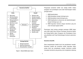 KSSR SAINS TAHUN 2
9
Rajah 3 : Model KBSB dalam Sains
Penguasaan kemahiran berfikir dan strategi berfikir melalui
pengajaran dan pembelajaran sains boleh dikembangkan melalui
peringkat berikut :
1. KBSB diperkenalkan;
2. KBSB dipraktikkan dengan bimbingan guru;
3. KBSB dipraktikkan tanpa bimbingan guru;
4. KBSB diaplikasikan ke situasi baru dan diperkembangkan
dengan bimbingan guru; dan
5. KBSB digunakan bersama dengan kemahiran yang lain
untuk mencapai tugasan berfikir.
Penerangan lanjut tentang peringkat penerapan KBSB dalam
sains diberi dalam Buku Panduan Penerapan Kemahiran Berfikir
dan Strategi Berfikir dalam Pengajaran dan Pembelajaran Sains
yang diterbitkan oleh Pusat Perkembangan Kurikulum pada tahun
1999.
Kemahiran Saintifik
Sains mengutamakan kaedah inkuiri dan penyelesaian masalah.
Kemahiran saintifik dan kemahiran berfikir digunakan dalam
proses inkuiri dan penyelesaian masalah. Kemahiran saintifik
merupakan kemahiran yang penting untuk menjalankan sebarang
Strategi Berfikir
 Mengkonsepsikan
 Membuat keputusan
 Menyelesaikan masalah
Kemahiran Berfikir
Kritis
 Mencirikan
 Membandingkan
& membezakan
 Mengumpulkan &
mengelaskan
 Membuat urutan
 Menyusun
mengikut
keutamaan
 Menganalisis
 Mengesan
kecondongan
 Menilai
 Membuat
kesimpulan
Kreatif
 Menjana idea
 Menghubungkait
 Membuat inferens
 Meramalkan
 Membuat
hipotesis
 Mensintesiskan
 Mengitlakkan
 Membuat
gambaran mental
 Menganalogikan
 Mereka cipta
Menaakul
 