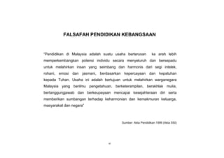 vi
FALSAFAH PENDIDIKAN KEBANGSAAN
“Pendidikan di Malaysia adalah suatu usaha berterusan ke arah lebih
memperkembangkan potensi individu secara menyeluruh dan bersepadu
untuk melahirkan insan yang seimbang dan harmonis dari segi intelek,
rohani, emosi dan jasmani, berdasarkan kepercayaan dan kepatuhan
kepada Tuhan. Usaha ini adalah bertujuan untuk melahirkan warganegara
Malaysia yang berilmu pengetahuan, berketerampilan, berakhlak mulia,
bertanggungjawab dan berkeupayaan mencapai kesejahteraan diri serta
memberikan sumbangan terhadap keharmonian dan kemakmuran keluarga,
masyarakat dan negara”
Sumber: Akta Pendidikan 1996 (Akta 550)
 