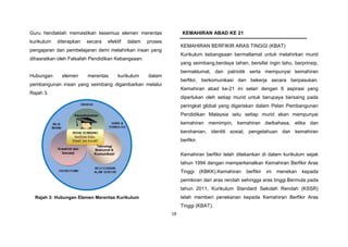 18
Guru hendaklah memastikan kesemua elemen merentas
kurikulum diterapkan secara efektif dalam proses
pengajaran dan pembelajaran demi melahirkan insan yang
dihasratkan oleh Falsafah Pendidikan Kebangsaan.
Hubungan elemen merentas kurikulum dalam
pembangunan insan yang seimbang digambarkan melalui
Rajah 3.
Rajah 3: Hubungan Elemen Merentas Kurikulum
KEMAHIRAN ABAD KE 21
KEMAHIRAN BERFIKIR ARAS TINGGI (KBAT)
Kurikulum kebangsaan bermatlamat untuk melahirkan murid
yang seimbang,berdaya tahan, bersifat ingin tahu, berprinsip,
bermaklumat, dan patriotik serta mempunyai kemahiran
berfikir, berkomunikasi dan bekerja secara berpasukan.
Kemahiran abad ke-21 ini selari dengan 6 aspirasi yang
diperlukan oleh setiap murid untuk berupaya bersaing pada
peringkat global yang digariskan dalam Pelan Pembangunan
Pendidikan Malaysia iaitu setiap murid akan mempunyai
kemahiran memimpin, kemahiran dwibahasa, etika dan
kerohanian, identiti sosial, pengetahuan dan kemahiran
berfikir.
Kemahiran berfikir telah ditekankan di dalam kurikulum sejak
tahun 1994 dengan memperkenalkan Kemahiran Berfikir Aras
Tinggi (KBKK).Kemahiran berfikir ini menekan kepada
pemikiran dari aras rendah sehingga aras tinggi.Bermula pada
tahun 2011, Kurikulum Standard Sekolah Rendah (KSSR)
telah memberi penekanan kepada Kemahiran Berfikir Aras
Tinggi (KBAT).
 