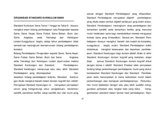 35
ORGANISASI STANDARD KURIKULUM SAINS
Standard Kurikulum Sains Tahun 1 hingga ke Tahun 6 disusun
mengikut enam bidang pembelajaran iaitu Pengenalan kepada
Sains, Sains Hayat, Sains Fizikal, Sains Bahan, Bumi dan
Sains Angkasa serta Teknologi dan Kehidupan
Lestari.Sungguhpun begitu, setiap tahun pembelajaran tidak
semesti nya merangkumi keenam-enam bidang pembelajaran
tersebut.
Bidang Pembelajaran Pengenalan kepada Sains, Sains Hayat,
Sains Fizikal, Sains Bahan, Bumi dan Sains Angkasa
serta Teknologi dan Kehidupan Lestari diperi ncikan melalui
Standard Kandungan dan Standard Pembelajaran.
Standard Kandungan mempunyai satu atau lebih Standard
Pembelajaran yang dikonsepsikan ber-
dasarkan bidang pembelajaran tertentu. Standard Kandun-
gan ditulis mengikut hierarki dalam domain kognitif dan afektif.
Pernyataan Standard Kandungan ini merupakan pernyataan
umum yang mengandungi unsur pengetahuan, kemahiran
saintifik, kemahiran berfikir, sikap saintifik dan nilai murni yang
sesuai dengan Standard Pembelajaran yang dihasratkan.
Standard Pembelajaran merupakan objektif pembelajaran
yang ditulis dalam bentuk objektif perlakuan yang boleh diukur.
Standard Pembelajaran merangkumi skop pembelajaran dan
kemahiran saintifik serta kemahiran berfikir yang menuntut
murid melakukan sains bagi membolehkan mereka menguasai
konsep sains yang di hasratkan. Secara am, Standard Pem-
belajaran disusun mengikut hierarki dari mudah ke kompleks,
sungguhpun begitu urutan Standard Pembelajaran boleh
diubahsuai mengikut kesesuaian dan keperluan pembela-
jaran. Standard Kandungan bagi domain afektif ditulis di akhir
Standard Kandungan domain kognitif yang berkaitan, tetapi
tidak semua Standard Kandungan domain kognitif diikuti
dengan domai n afektif. Standard Prestasi ialah pernyataan
tentang tahap perkembangan pembelajaran murid yang diukur
berdasarkan Standard Kandungan dan Standard Pembela-
jaran serta menunjukkan di mana kedudukan murid dalam
perkembangan atau kemajuan pembelajarannya. Pertumbu-
han murid dijelaskan dengan satu atau lebih qualifier meng-
gunakan perkataan atau rangkai kata yang betul meng-
gambarkan standard dalam bentuk hasil pembelajaran. Stan-
 
