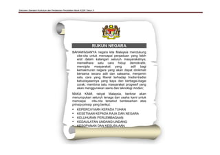 Dokumen Standard Kurikulum dan Pentaksiran Pendidikan Moral KSSR Tahun 5
v
RUKUN NEGARA
BAHAWASANYA negara kita Malaysia mendukung
cita-cita untuk mencapai perpaduan yang lebih
erat dalam kalangan seluruh masyarakatnya;
memelihara satu cara hidup demokratik;
mencipta masyarakat yang adil bagi
kemakmuran negara yang akan dapat dinikmati
bersama secara adil dan saksama; menjamin
satu cara yang liberal terhadap tradisi-tradisi
kebudayaannya yang kaya dan berbagai-bagai
corak; membina satu masyarakat progresif yang
akan menggunakan sains dan teknologi moden;
MAKA KAMI, rakyat Malaysia, berikrar akan
menumpukan seluruh tenaga dan usaha kami untuk
mencapai cita-cita tersebut berdasarkan atas
prinsip-prinsip yang berikut:
• KEPERCAYAAN KEPADA TUHAN
• KESETIAAN KEPADA RAJA DAN NEGARA
• KELUHURAN PERLEMBAGAAN
• KEDAULATAN UNDANG-UNDANG
• KESOPANAN DAN KESUSILAAN
 
