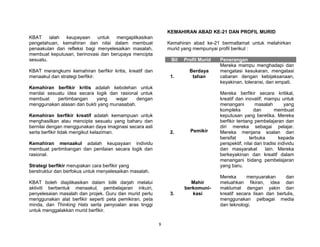 8
KBAT ialah keupayaan untuk mengaplikasikan
pengetahuan, kemahiran dan nilai dalam membuat
penaakulan dan refleksi bagi menyelesaikan masalah,
membuat keputusan, berinovasi dan berupaya mencipta
sesuatu.
KBAT merangkumi kemahiran berfikir kritis, kreatif dan
menaakul dan strategi berfikir.
Kemahiran berfikir kritis adalah kebolehan untuk
menilai sesuatu idea secara logik dan rasional untuk
membuat pertimbangan yang wajar dengan
menggunakan alasan dan bukti yang munasabah.
Kemahiran berfikir kreatif adalah kemampuan untuk
menghasilkan atau mencipta sesuatu yang baharu dan
bernilai dengan menggunakan daya imaginasi secara asli
serta berfikir tidak mengikut kelaziman.
Kemahiran menaakul adalah keupayaan individu
membuat pertimbangan dan penilaian secara logik dan
rasional.
Strategi berfikir merupakan cara berfikir yang
berstruktur dan berfokus untuk menyelesaikan masalah.
KBAT boleh diaplikasikan dalam bilik darjah melalui
aktiviti berbentuk menaakul, pembelajaran inkuiri,
penyelesaian masalah dan projek. Guru dan murid perlu
menggunakan alat berfikir seperti peta pemikiran, peta
minda, dan Thinking Hats serta penyoalan aras tinggi
untuk menggalakkan murid berfikir.
KEMAHIRAN ABAD KE-21 DAN PROFIL MURID
Kemahiran abad ke-21 bermatlamat untuk melahirkan
murid yang mempunyai profil berikut :
Bil Profil Murid Penerangan
1.
Berdaya
tahan
Mereka mampu menghadapi dan
mengatasi kesukaran, mengatasi
cabaran dengan kebijaksanaan,
keyakinan, toleransi, dan empati.
2. Pemikir
Mereka berfikir secara kritikal,
kreatif dan inovatif; mampu untuk
menangani masalah yang
kompleks dan membuat
keputusan yang beretika. Mereka
berfikir tentang pembelajaran dan
diri mereka sebagai pelajar.
Mereka menjana soalan dan
bersifat terbuka kepada
perspektif, nilai dan tradisi individu
dan masyarakat lain. Mereka
berkeyakinan dan kreatif dalam
menangani bidang pembelajaran
yang baru.
3.
Mahir
berkomuni-
kasi
Mereka menyuarakan dan
meluahkan fikiran, idea dan
maklumat dengan yakin dan
kreatif secara lisan dan bertulis,
menggunakan pelbagai media
dan teknologi.
 