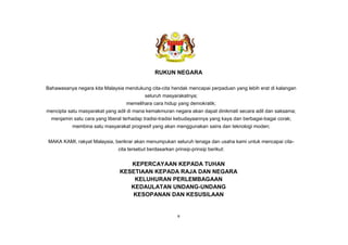 RUKUN NEGARA
Bahawasanya negara kita Malaysia mendukung cita-cita hendak mencapai perpaduan yang lebih erat di kalangan
seluruh masyarakatnya;
memelihara cara hidup yang demokratik;
mencipta satu masyarakat yang adil di mana kemakmuran negara akan dapat dinikmati secara adil dan saksama;
menjamin satu cara yang liberal terhadap tradisi-tradisi kebudayaannya yang kaya dan berbagai-bagai corak;
membina satu masyarakat progresif yang akan menggunakan sains dan teknologi moden;
MAKA KAMI, rakyat Malaysia, berikrar akan menumpukan seluruh tenaga dan usaha kami untuk mencapai cita-
cita tersebut berdasarkan prinsip-prinsip berikut:
KEPERCAYAAN KEPADA TUHAN
KESETIAAN KEPADA RAJA DAN NEGARA
KELUHURAN PERLEMBAGAAN
KEDAULATAN UNDANG-UNDANG
KESOPANAN DAN KESUSILAAN
v
Standard Kandungan, Standard Pembelajaran dan Standard Prestasi 23
 