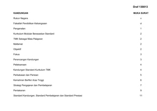 Draf 130813
KANDUNGAN MUKA SURAT
Rukun Negara v
Falsafah Pendidikan Kebangsaan vi
Pengenalan 1
Kurikulum Modular Berasaskan Standard 2
TMK Sebagai Mata Pelajaran 2
Matlamat 2
Objektif 2
Fokus 3
Perancangan Kandungan 3
Pelaksanaan 4
Kandungan Standard Kurikulum TMK 4
Perkakasan dan Perisian 5
Kemahiran Berfikir Aras Tinggi 6
Strategi Pengajaran dan Pembelajaran 7
Pentaksiran 9
Standard Kandungan, Standard Pembelajaran dan Standard Prestasi 11
 