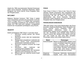 4
disiplin ilmu TMK yang berteraskan Standard Kandungan
dalam Dunia Komputer, Eksplorasi Multimedia, Sistem
Rangkaian dan Dunia Internet, Dunia Pangkalan Data;
dan Pengaturcaraan.
MATLAMAT
Matlamat Standard Kurikulum TMK Tahap II adalah
untuk menyediakan penanda aras pencapaian murid dari
Tahun 4 hingga Tahun 6. Ini adalah bagi memastikan
murid menguasai pengetahuan dan kemahiran khusus
disiplin ilmu TMK yang perlu dipelajari, menggalakkan
kreativiti dan menyediakan pembelajaran yang menarik.
OBJEKTIF
Diakhir pembelajaran TMK Tahap II, murid akan dapat:
i. Memahami tentang perisian dan peranti
komputer.
ii. Memahami ukuran data dan keselamatan
komputer.
iii. Menggunakan pengetahuan multimedia dan
aplikasi khusus untuk membangunkan
persembahan multimedia tak linear.
iv. Memahami rangkaian komputer dan fungsi
internet.
v. Memahami data, maklumat dan
membangunkan pangkalan data.
vi. Mengenali pengaturcaraan dan memahami
algoritma untuk membangun atur cara.
vii. Menjana idea dan maklumat secara kreatif
dan inovatif.
FOKUS
Pada Tahap II (Tahun 4, Tahun 5 dan Tahun 6), fokus
diberikan kepada penguasaan illmu pengetahuan dan
kemahiran yang sesuai dengan tahap kebolehan murid
berdasarkan SK dan SP dalam lima modul yang
diperkenalkan iaitu Dunia Komputer, Eksplorasi
Multimedia, Sistem Rangkaian dan Dunia Internet, Dunia
Pangkalan Data; dan Pengaturcaraan.
PERANCANGAN KANDUNGAN
TMK pada Tahap II lima modul diperkenalkan iaitu Dunia
Komputer, Eksplorasi Multimedia, Sistem Rangkaian dan
Dunia Internet, Dunia Pangkalan Data dan
Pengaturcaraan. Kelima-lima modul ini akan
diterjemahkan kepada domain pengetahuan, kemahiran
dan nilai. Kandungan yang terdapat dalam kesemua
modul ini disusun atur mengikut aras kognitif murid iaitu
dari aras mudah ke aras yang lebih kompleks.
Penerangan setiap modul adalah seperti berikut:
Modul Penerangan
Dunia Komputer Modul ini diperkenalkan kepada murid
untuk mempelajari bagaimana sebuah
sistem komputer itu berfungsi,
memahami fungsi perisian dan peranti
yang terlibat, berupaya memanipulasi
ukuran data, serta mampu menjaga
keselamatan data dan komputer.
Eksplorasi
Multimedia
Eksplorasi Multimedia diperkenalkan
kepada murid untuk menunjukkan
 