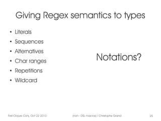 First Clojure Conj, Oct 22 2010 (not= DSL macros) / Christophe Grand 25
Giving Regex semantics to types
●
Literals
●
Seque...