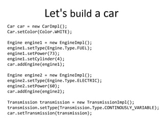 Let's build a car
Car car = new CarImpl();
Car.setColor(Color.WHITE);

Engine engine1 = new EngineImpl();
engine1.setType(Engine.Type.FUEL);
engine1.setPower(73);
engine1.setCylinder(4);
car.addEngine(engine1);

Engine engine2 = new EngineImpl();
engine2.setType(Engine.Type.ELECTRIC);
engine2.setPower(60);
car.addEngine(engine2);

Transmission transmission = new TransmissionImpl();
transmission.setType(Transmission.Type.CONTINOUSLY_VARIABLE);
car.setTransmission(transmission);
 