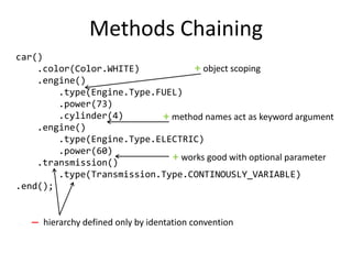 Methods Chaining
car()
    .color(Color.WHITE)          + object scoping
    .engine()
        .type(Engine.Type.FUEL)
        .power(73)
        .cylinder(4)       + method names act as keyword argument
    .engine()
        .type(Engine.Type.ELECTRIC)
        .power(60)
    .transmission()
                             + works good with optional parameter
        .type(Transmission.Type.CONTINOUSLY_VARIABLE)
.end();


    ̶ hierarchy defined only by identation convention
 