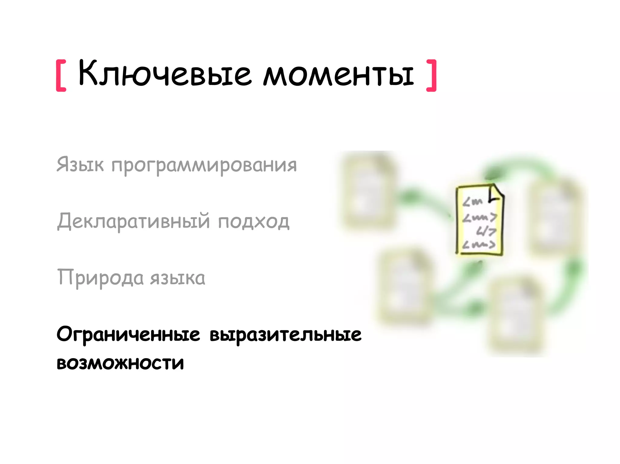 [ Ключевые моменты ]

Язык программирования

Декларативный подход

Природа языка

Ограниченные выразительные
возможности
 