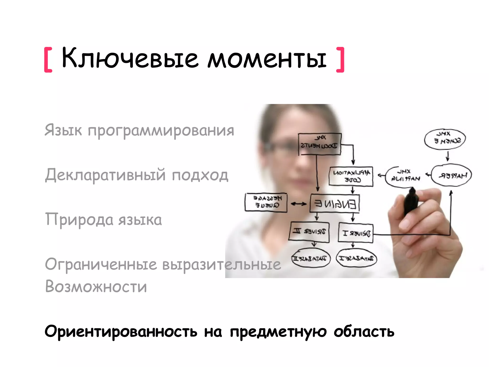 [ Ключевые моменты ]

Язык программирования

Декларативный подход

Природа языка

Ограниченные выразительные
Возможности

Ориентированность на предметную область
 