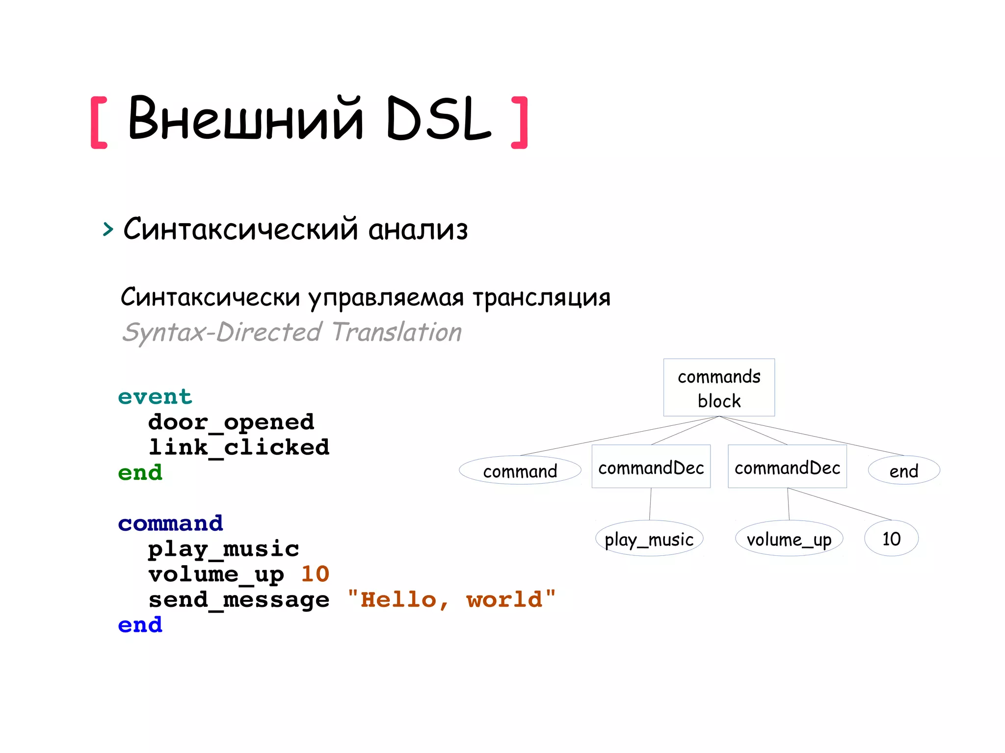 [ Внешний DSL ]
> Синтаксический анализ

 Синтаксически управляемая трансляция
 Syntax-Directed Translation
                                             commands
 event                                         block
   door_opened
   link_clicked
 end                       command   commandDec   commandDec   end


 command
                                     play_music    volume_up   10
   play_music
   volume_up 10
   send_message "Hello, world"
 end
 
