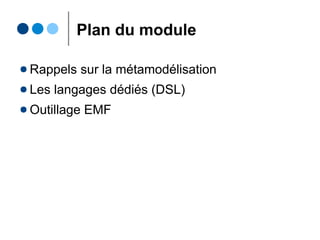 Plan du module
● Rappels sur la métamodélisation
● Les langages dédiés (DSL)
● Outillage EMF
 