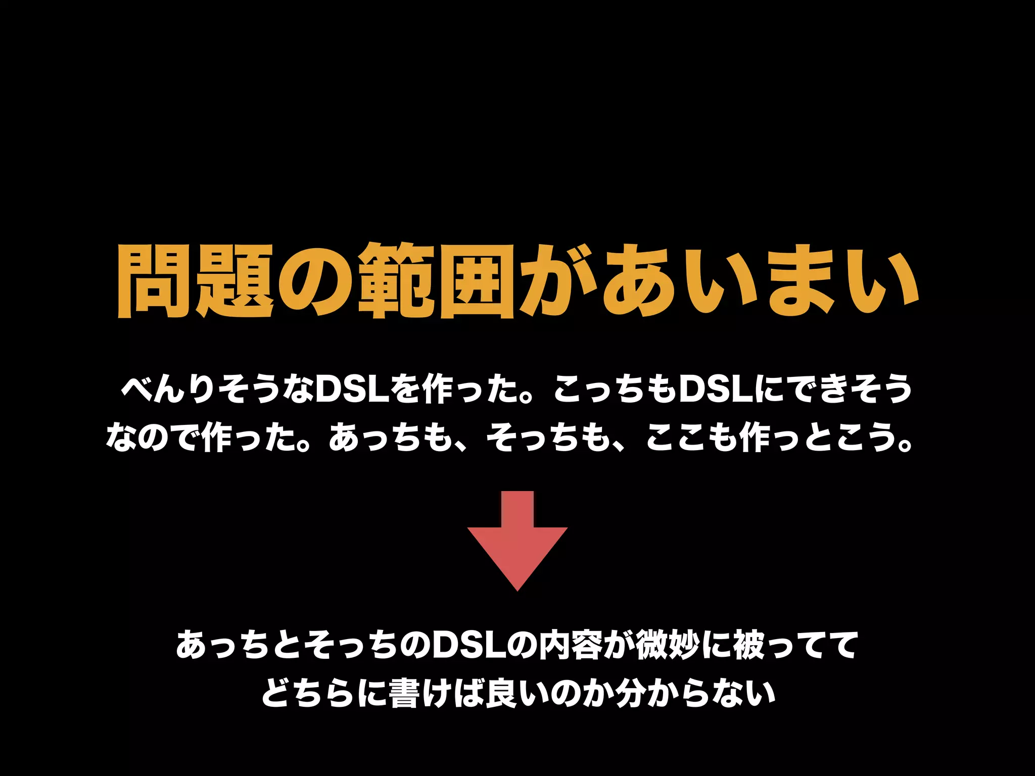 問題の範囲があいまい
べんりそうなDSLを作った。こっちもDSLにできそう
なので作った。あっちも、そっちも、ここも作っとこう。
あっちとそっちのDSLの内容が微妙に被ってて
どちらに書けば良いのか分からない
 