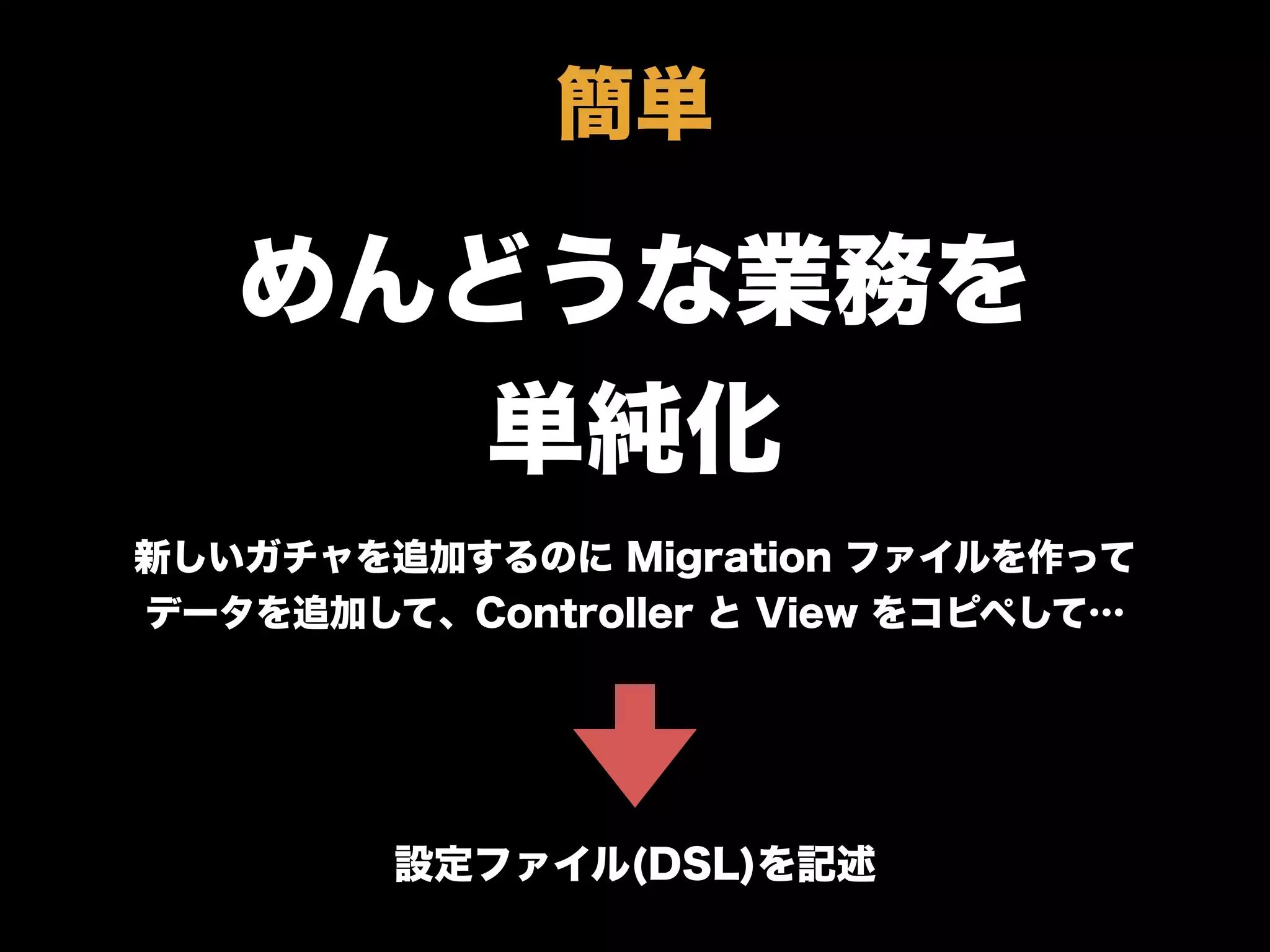 めんどうな業務を
単純化
新しいガチャを追加するのに Migration ファイルを作って
データを追加して、Controller と View をコピペして…
設定ファイル(DSL)を記述
簡単
 