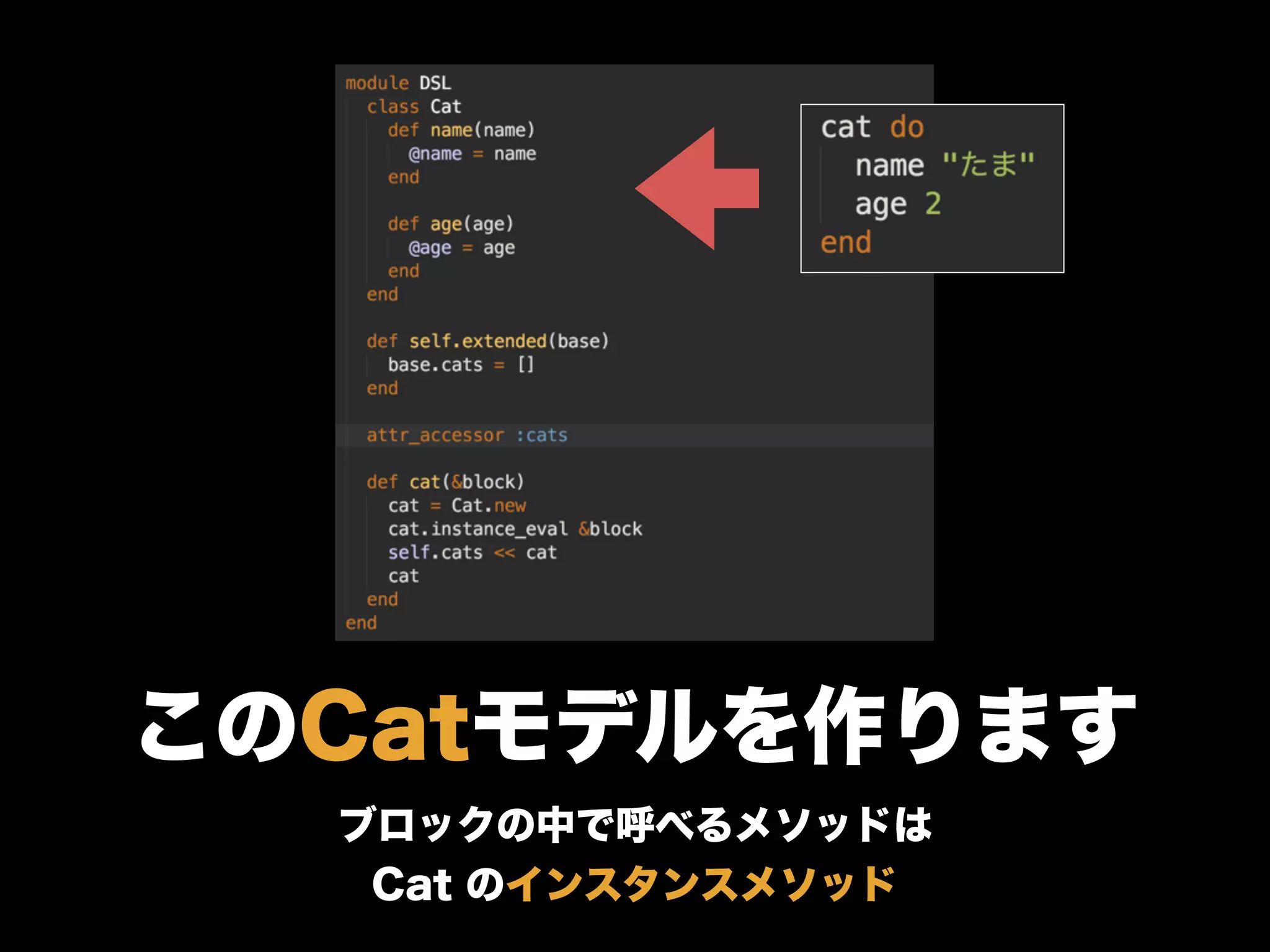 このCatモデルを作ります
ブロックの中で呼べるメソッドは
Cat のインスタンスメソッド
 