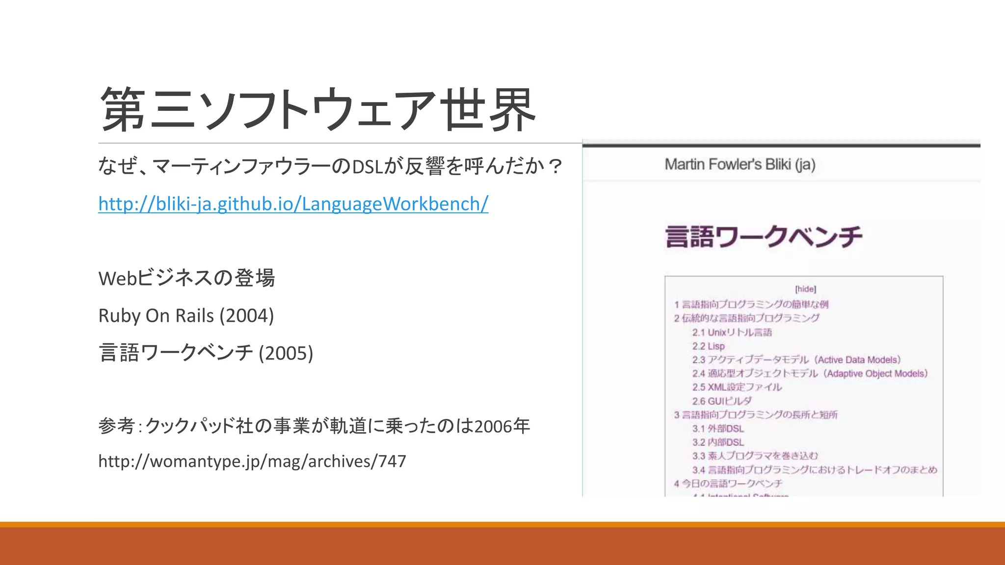 第三ソフトウェア世界
なぜ、マーティンファウラーのDSLが反響を呼んだか？
http://bliki-ja.github.io/LanguageWorkbench/
Webビジネスの登場
Ruby On Rails (2004)
言語ワークベンチ (2005)
参考：クックパッド社の事業が軌道に乗ったのは2006年
http://womantype.jp/mag/archives/747
 