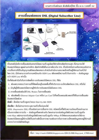 การเชื่อมต่อแบบ DSL (Digital Subscriber Line)
เป็นเทคโนโลยีการเชื่อมต่ออินเทอร์เน็ตความเร็วสูงโดยใช้สายโทรศัพท์ธรรมดา ที่สามารถใช้
อินเตอร์เน็ตและพูดผ่านสายโทร ศัพท์ปกติได้ในเวลาเดียวกัน DSL เป็นอีกหนึ่งทางเลือกของเส้นทาง
การสื่อสารที่เป็นสัญญาณดิจิตอลโดยเหมาะสาหรับสานักงานขนาดเล็กหรือผู้ใช้ตามบ้านทั่วไป
โดย DSL มีลักษณะการทางานเหมือนกับ ISDN Line เพียงแต่มีความเร็วในการรับ – ส่งข้อมูลสูง
กว่า ISDN Line เท่านั้น
สิ่งที่ต้องคานึงถึงในการติดตั้งระบบอินเตอร์เน็ตแบบ DSL ก็คือ
1. ต้องตรวจสอบว่าสถานที่ที่ติดตั้งอยู่ในเขตพื้นที่ให้บริการระบบโทรศัพท์แบบ DSL หรือไม่
2. บัญชีผู้ใช้อินเตอร์เน็ตจากผู้ให้บริการอินเตอร์เน็ตในแบบ DSL
3. การเชื่อมต่อต้องใช้ DSL Modem ในการเชื่อมต่อ
4. ต้องติดตั้ง Ethernet Adapter Card หรือ Lan Card ไว้ที่เครื่องคอมพิวเตอร์ที่ใช้ในการเชื่อมต่อ
อินเตอร์เน็ตด้วย
ข้อดี : คือมีความเร็วสูงกว่าแบบ Dial-Up และ ISDN
ข้อเสีย : คือไม่สามารถระบุความเร็วที่แน่นอนได้
ADSL (Asymmetric DSL) เป็นเส้นทางการสื่อสาร DSL ชนิดหนึ่งที่ได้รับความนิยมเป็นอย่างมาก
เนื่องจากอัตราการรับ – ส่งข้อมูลที่แตกต่างกัน โดยสามารถส่งข้อมูลได้ด้วยความเร็วสูงถึง
640 Kbps แต่สามารถรับข้อมูลได้ด้วยความเร็วสูงถึง 9Mbps ทาให้ตอบสนองต่อการใช้งาน
อินเตอร์เน็ตของผู้ใช้งานได้เป็นอย่างดีเนื่องจากความต้องการในการดาวน์โหลดข้อมูลของผู้ใช้งานมี
มากกว่าการอัพโหดข้อมูล
ที่มา : http://sank15004.blogspot.com/2013/08/blog-post_1705.html
นางสาวกันต์กมล ตันติพันธุ์ไชย ชั้น ม.5/1เลขที่ 32
 