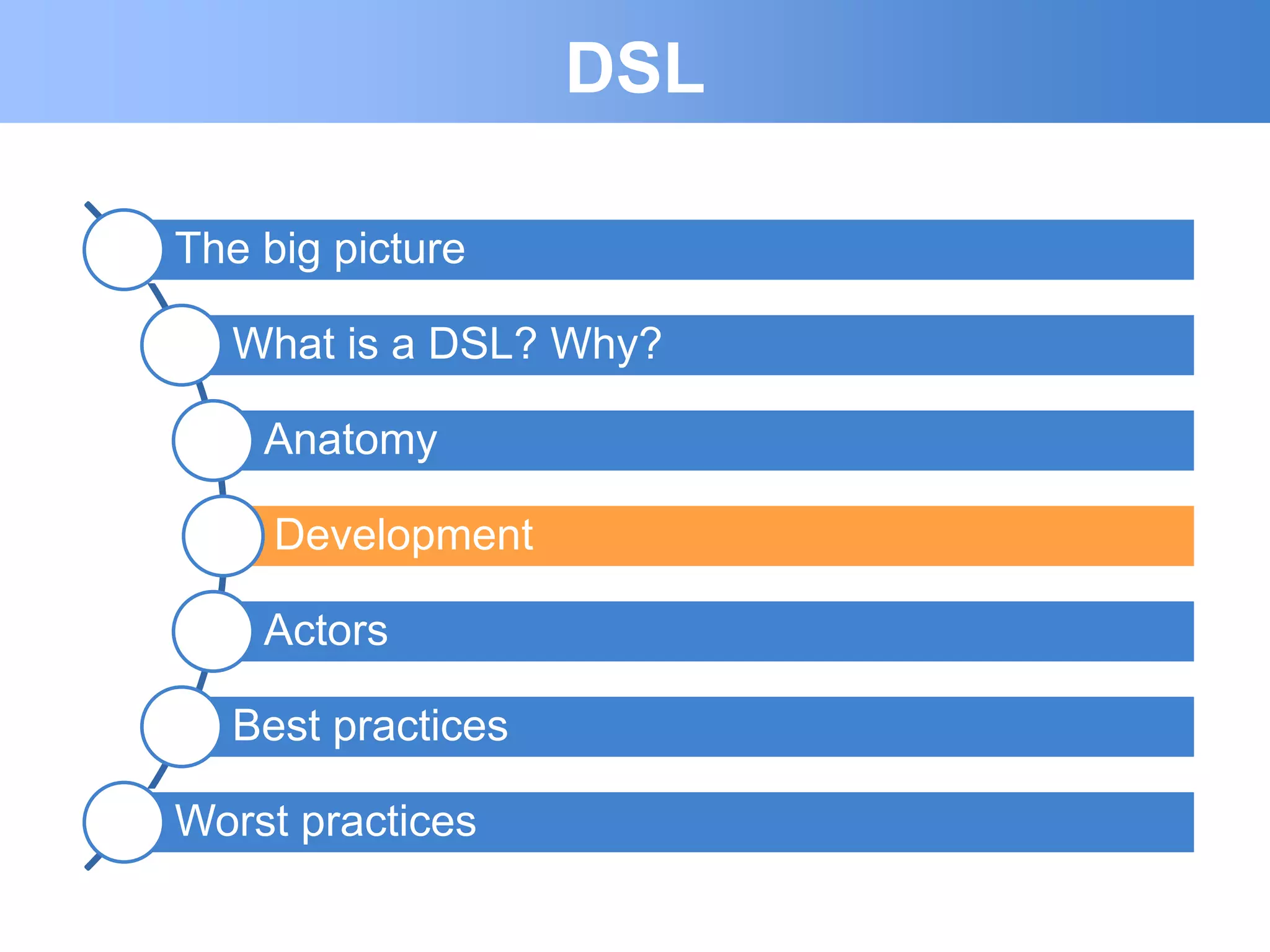 DSL

The big picture

  What is a DSL? Why?

    Anatomy

     Development

    Actors

  Best practices

Worst practices
 