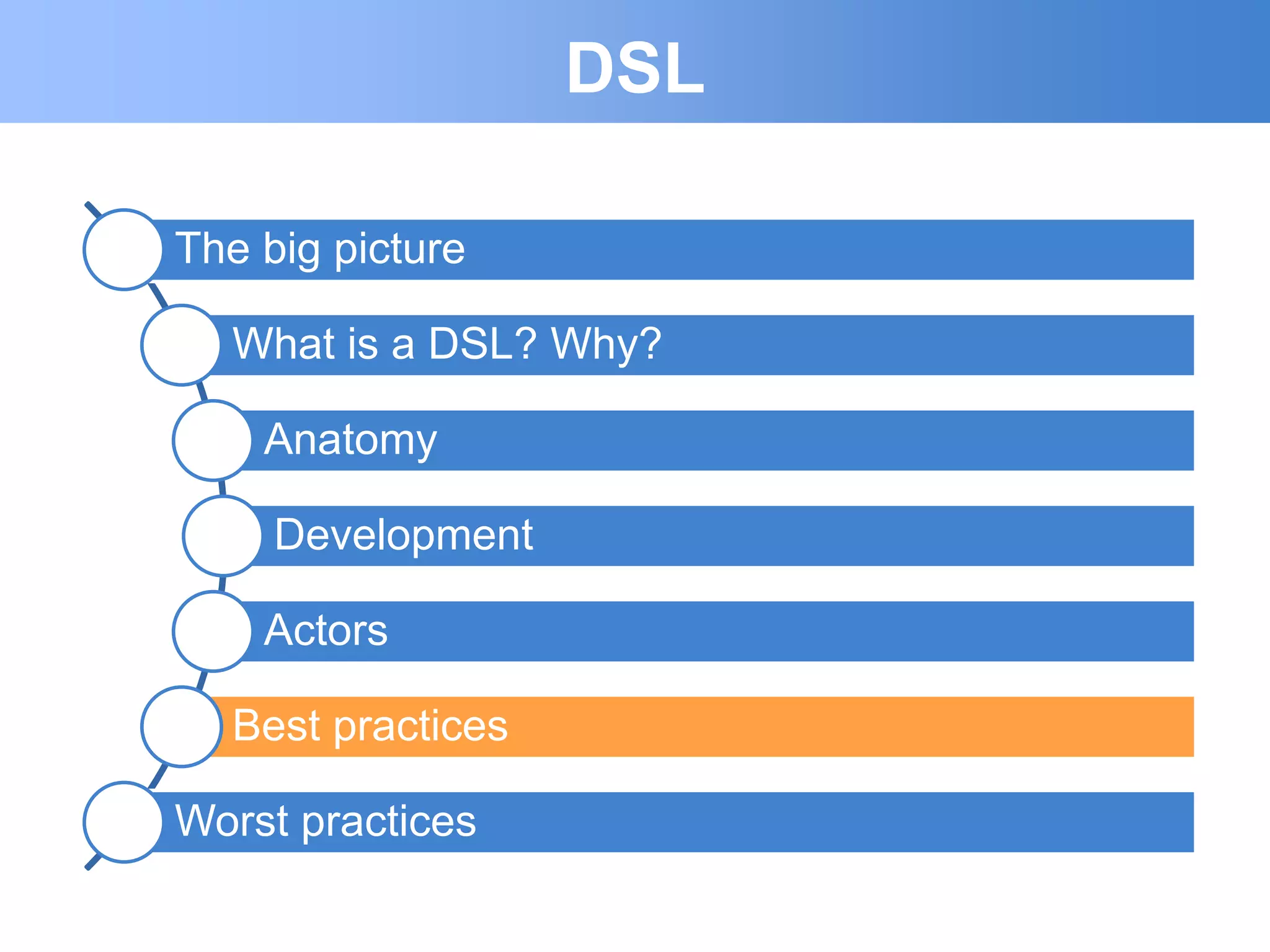 DSL

The big picture

  What is a DSL? Why?

    Anatomy

     Development

    Actors

  Best practices

Worst practices
 