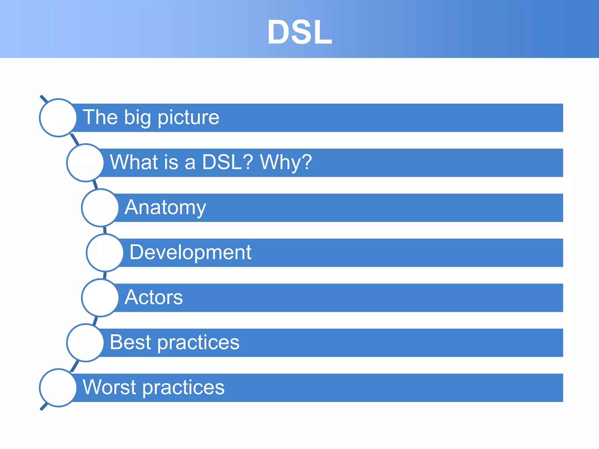 DSL

The big picture

  What is a DSL? Why?

    Anatomy

     Development

    Actors

  Best practices

Worst practices
 