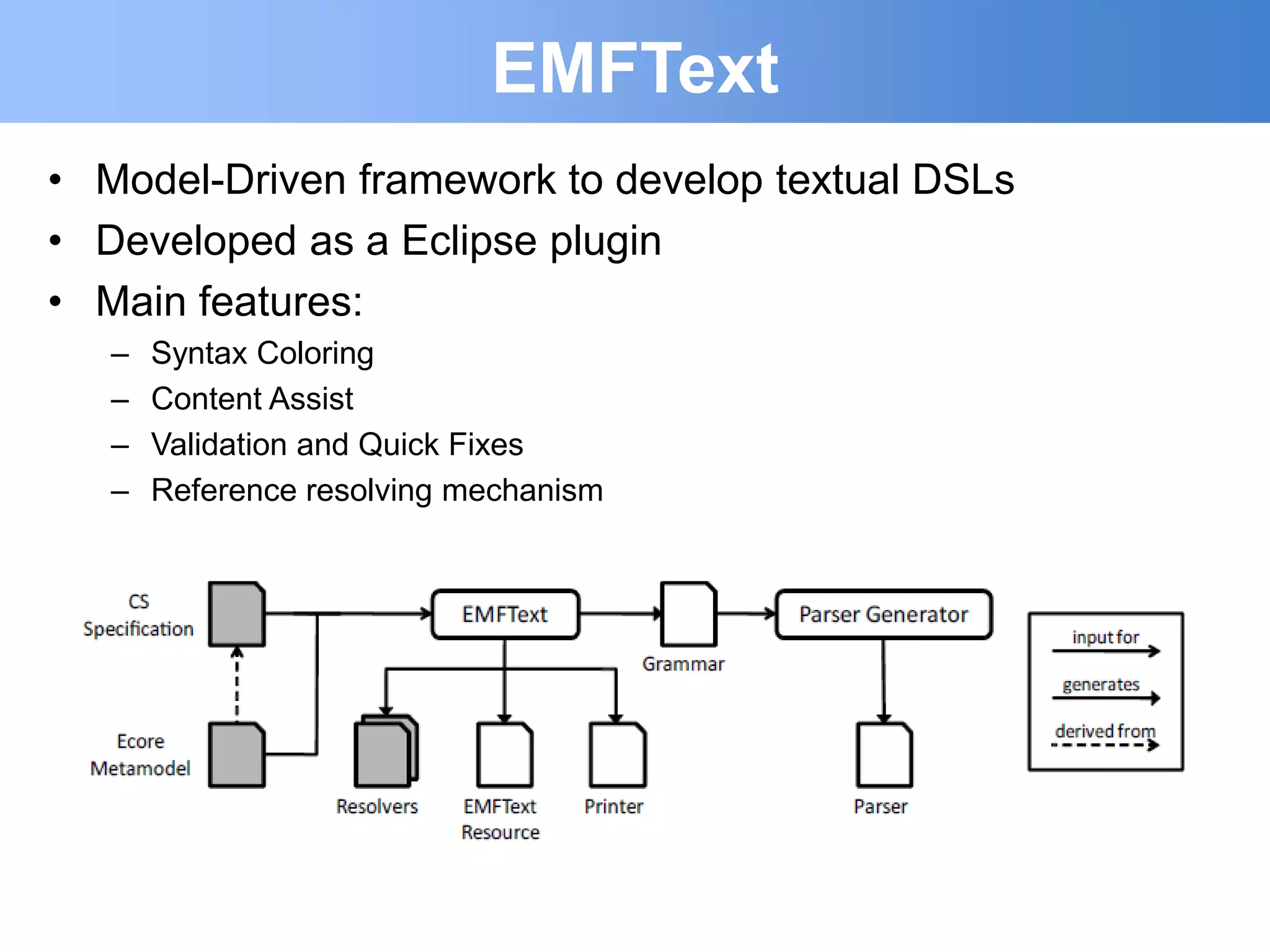 EMFText
• Model-Driven framework to develop textual DSLs
• Developed as a Eclipse plugin
• Main features:
   –   Syntax Coloring
   –   Content Assist
   –   Validation and Quick Fixes
   –   Reference resolving mechanism
 