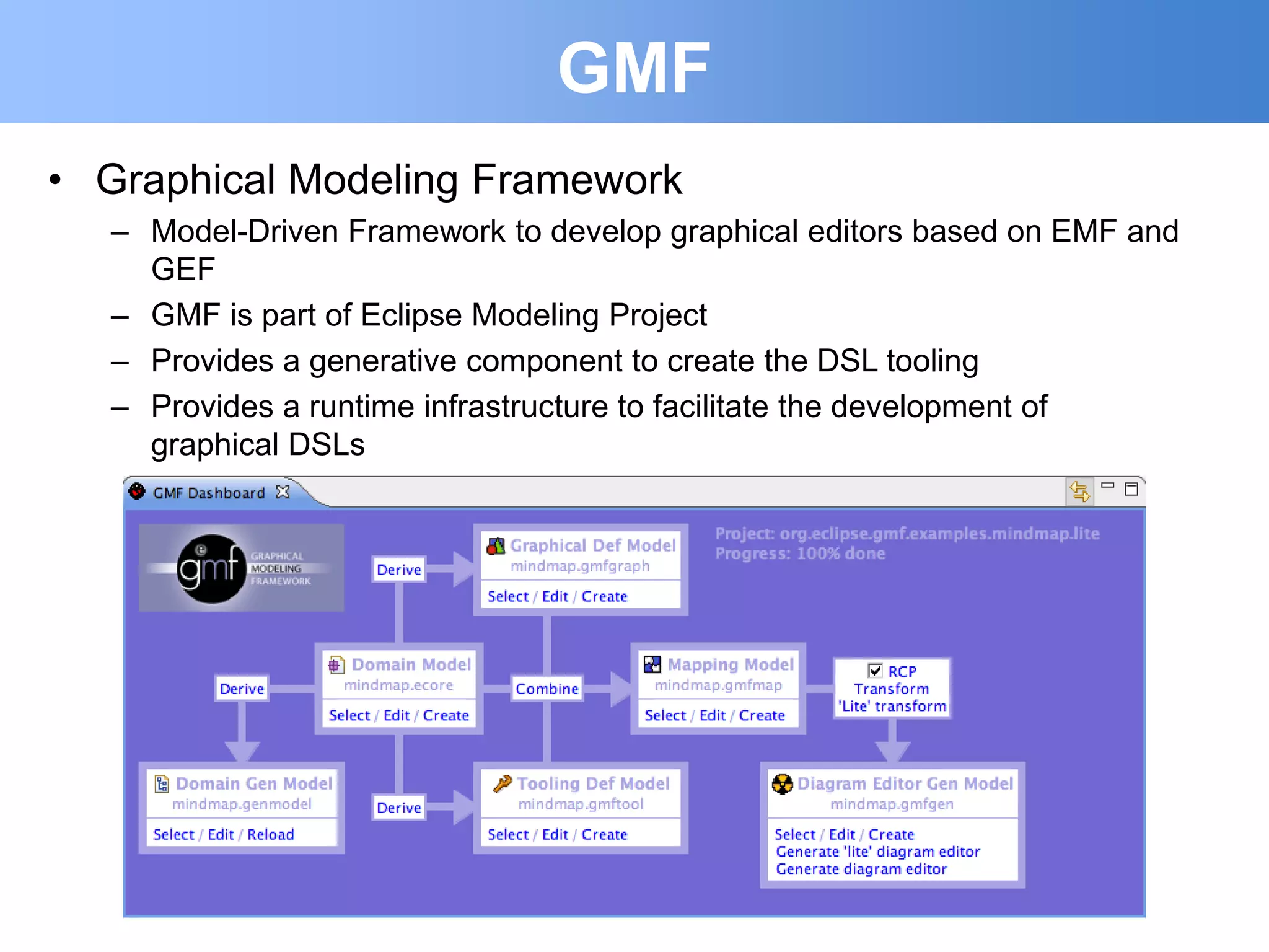 GMF
• Graphical Modeling Framework
  – Model-Driven Framework to develop graphical editors based on EMF and
    GEF
  – GMF is part of Eclipse Modeling Project
  – Provides a generative component to create the DSL tooling
  – Provides a runtime infrastructure to facilitate the development of
    graphical DSLs
 