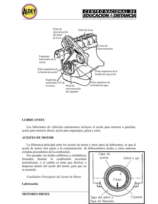 LUBRICANTES
Los lubricantes de vehículos automotores incluyen el aceite para motores a gasolina,
aceite para motores diesel, aceite para engranajes, grasa y otros.
ACEITES DE MOTOR
La diferencia principal entre los aceites de motor y otros tipos de lubricantes, es que el
aceite de motor está sujeto a la contaminación de hidrocarburos ácidos y otras materias
extrañas procedentes de la combustión.
Por ejemplo, los ácidos sulfúricos y clorhídricos
formados durante la combustión necesitan
neutralizarse, y el carbón se tiene que disolver o
dispersar dentro del aceite del motor, para que no
se acumule.
Cualidades Principales del Aceite de Motor.
Lubricación
MOTORES DIESEL Página 27
Polea de
sincronización
del árbol
de levas
Árbol de levas
Correa de
sincronización
Engranaje
intermedio de la
correa
Polea impulsora de
la bomba de aceite
Engranaje
intermedio Nº2 de
la correa Polea de
sincronización
del cigüeñal
Polea impulsora de
la bomba de agua
Polea impulsora de la
bomba de inyección
 