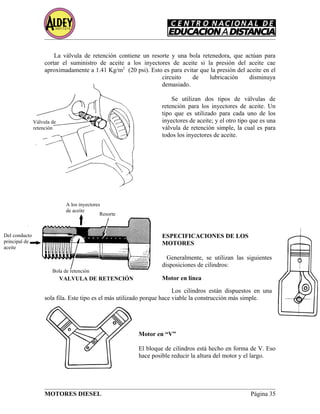 La válvula de retención contiene un resorte y una bola retenedora, que actúan para
cortar el suministro de aceite a los inyectores de aceite si la presión del aceite cae
aproximadamente a 1.41 Kg/m2
(20 psi). Esto es para evitar que la presión del aceite en el
circuito de lubricación disminuya
demasiado.
Se utilizan dos tipos de válvulas de
retención para los inyectores de aceite. Un
tipo que es utilizado para cada uno de los
inyectores de aceite; y el otro tipo que es una
válvula de retención simple, la cual es para
todos los inyectores de aceite.
ESPECIFICACIONES DE LOS
MOTORES
Generalmente, se utilizan las siguientes
disposiciones de cilindros:
Motor en línea
Los cilindros están dispuestos en una
sola fila. Este tipo es el más utilizado porque hace viable la construcción más simple.
Motor en “V”
El bloque de cilindros está hecho en forma de V. Eso
hace posible reducir la altura del motor y el largo.
MOTORES DIESEL Página 35
Válvula de
retención
A los inyectores
de aceite
Resorte
Del conducto
principal de
aceite
Bola de retención
VALVULA DE RETENCIÓN
 
