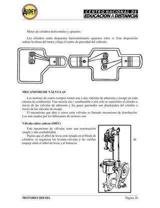 Motor de cilindros horizontales y opuestos.
Los cilindros están dispuestos horizontalmente opuestos entre sí. Esta disposición
reduce la altura del motor y baja el centro de gravedad del vehículo.
MECANISMO DE VÁLVULAS
Los motores de cuatro tiempos tienen una o dos válvulas de admisión y escape en cada
cámara de combustión. Una mezcla aire / combustible o aire solo se suministra al cilindro a
través de las válvulas de admisión y los gases quemados son desalojados del cilindro a
través de las válvulas de escape.
El mecanismo que abre y cierra estas válvulas es llamado mecanismo de distribución.
Los más usados por los fabricantes de motores son:
Válvula sobre cabeza (OHV)
Este mecanismo de válvulas tiene una construcción
simple y alta confiabilidad.
Puesto que el árbol de levas está situado en el block de
cilindros, se requieren los levanta-válvulas y las varillas de
empuje entre el árbol de levas y el balancín.
MOTORES DIESEL Página 36
 